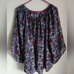 Fucsia‎ Size 2X Blouse Sheer Tie Neck Multicolor
